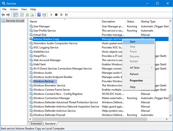 Check the Volume Shadow Copy and Windows Backup services