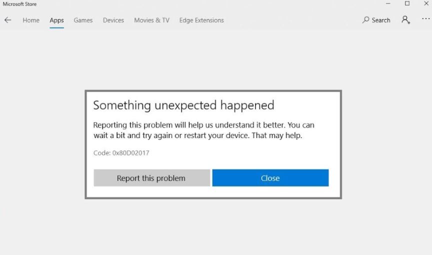 error code 0x80d02017 in Windows Store application