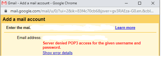 error of access to POP3 server for specified user name and password
