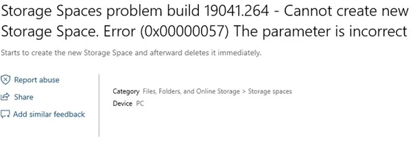 What causes the error New space cannot be created, error 0x00000057 - The parameter is incorrect