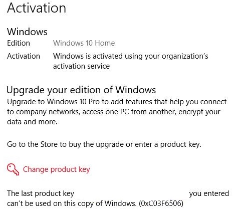 What is the cause of Windows 10 activation error 0xc03f6506