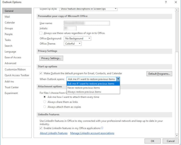How do I prevent Outlook from reopening emails after a crash
